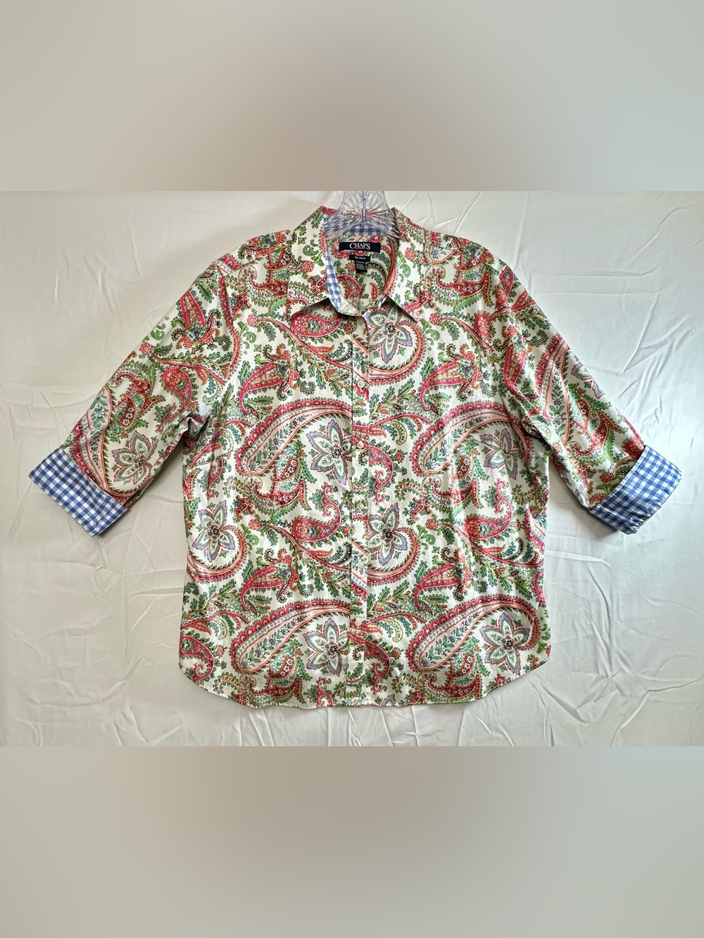 Chaps Paisley Button-Down Shirt in White with Pink & Green